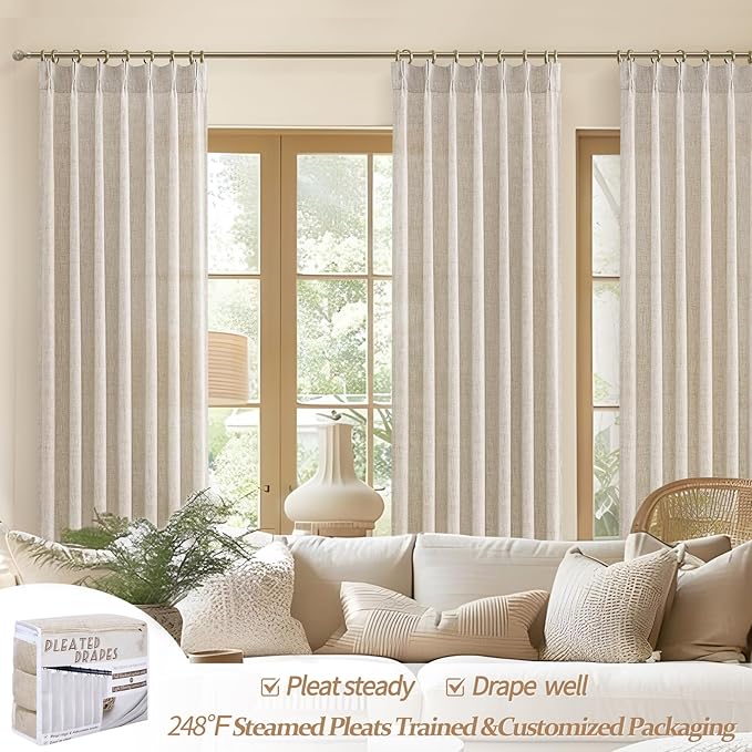 Textured Drop Cloth Curtains 102 Inches Long 2 Panels Oatmeal Cream, Light Filtering Privacy Sheer Curtains That Let Light In Country Linen Blend Pleat Memory Shape Curtain with Hooks Bedroom Living