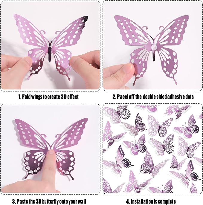 SAOROPEB 3D Butterfly Wall Decor 48 Pcs Lavender Butterfly Decorations | 4 Styles 3 Sizes, Butterfly Birthday Decorations Butterfly Party Decorations Cake Decorations, Removable Stickers