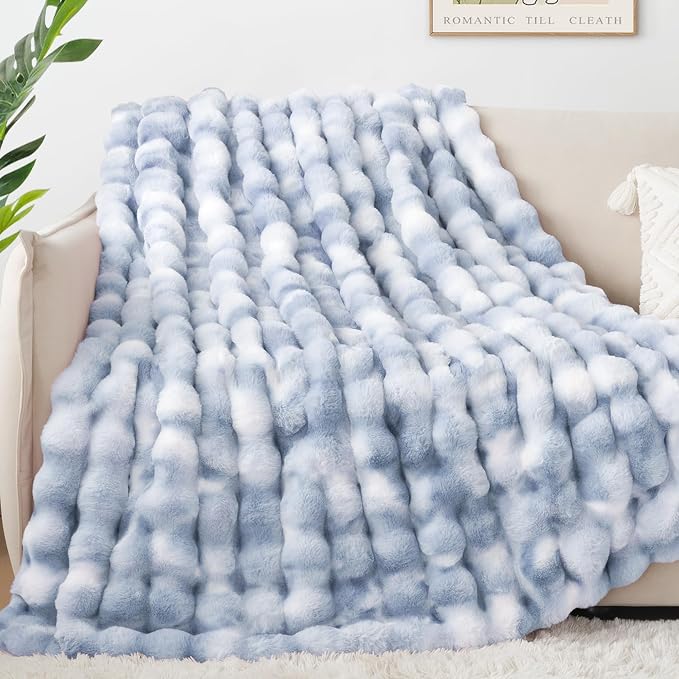 Luxury 1000GSM Rabbit Faux Fur Blanket, Super Heavy Warm Cozy Brown Blankets for Couch Bed Sofa, Ruched Plush Fuzzy Elegant Soft Reversible Mink Blanket Living Room Bedroom, 90" x 90"