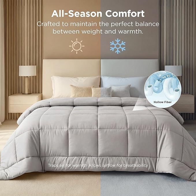 Bedsure Comforter Duvet Insert - Quilted Comforters Cal King Size, All Season Duvet, Down Alternative Bedding, with 8 Tabs, Gifts for Women/Men, Light Grey,Alaskan King 130x120 Inches