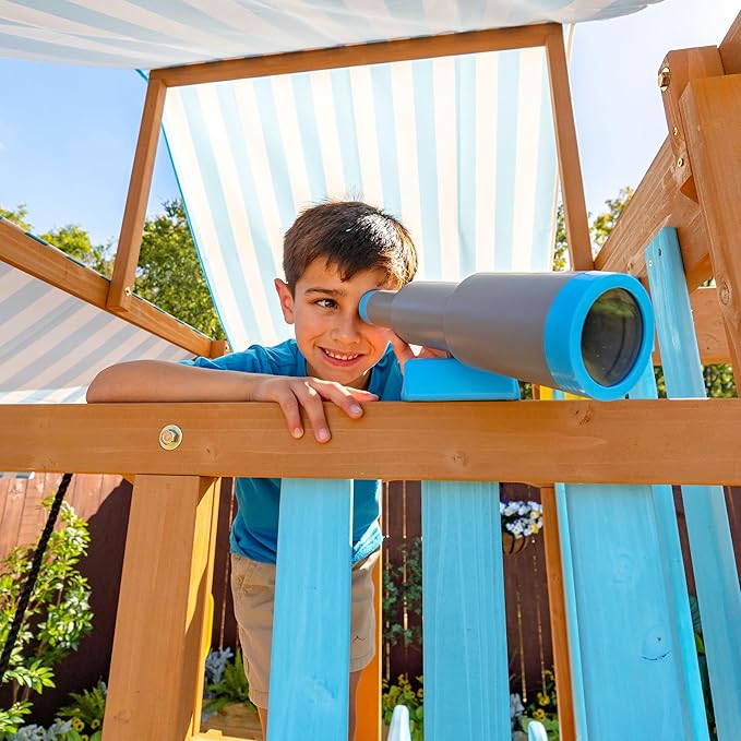 Teamson Kids Laguna Wooden Swing Set with Slide & Climbing Wall, Solid Wood, Natural and Aqua