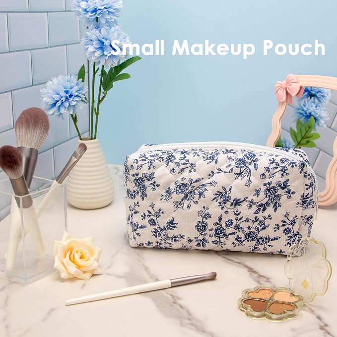 PAZIMIIK Small Quilted Makeup Bag,Zipper Cosmetic Pouch,Jouy Blue | Lightweight Cosmetic Bag Organizer for Women,Purse Storage Holds Makeup,Toiletries,Skincare,Beauty Essentials,Travel Items