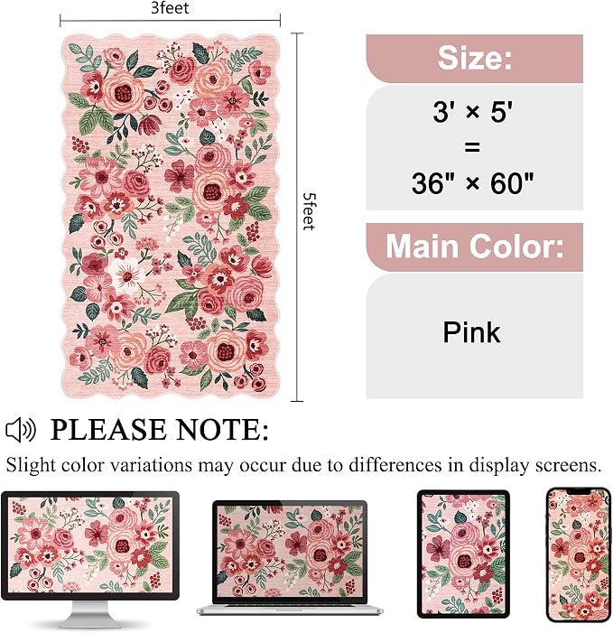 DUKINO 3x5 Area Rugs, Non Slip Floral Washable Rug for Bedroom, Pink | Soft, Low Pile, Non-Shedding Throw Rugs for Living Room, Entryway, Kitchen, Kids Room, Pet Friendly, Home Decor, Lightweight