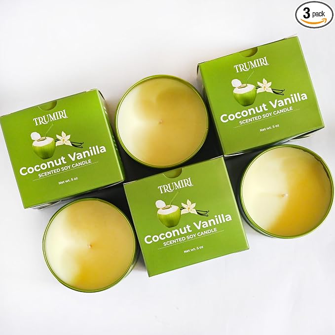 Coconut Vanilla - Aromatherapy Candles for Home Scented - Pack of 3-5oz Natural Soy Wax Clean Organic Non Toxic - Long Lasting Highly Scented with Essential Oils - Gifts for Women Relaxing Spa