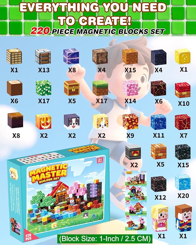 Magnetic Blocks for Kids 220PCS, Large 1-Inch Magnetic Building Blocks with Powerful Magnets, STEM Sensory Toys, Creative Educational Stacking Cubes, Perfect for Boys & Girls Ages 3-12