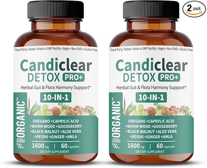Candiclear Detox Pro+ | Pack of 2 | Feminine Gut & Flora Harmony Support |Oregano, Black Walnut & More | Third-Party Tested, cGMP Facility, Vegan, Non-GMO, Gluten-Free | 60+60 Caps