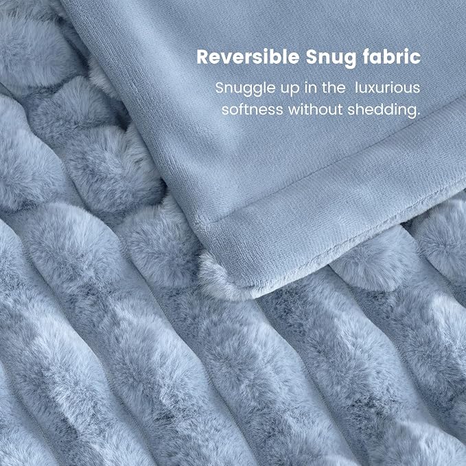 Cozy Bliss Faux Fur Throw Blanket for Couch, Cozy Warm Plush Striped Blanket for Sofa Bedroom Living Room, 50 * 60 Inches Light Blue