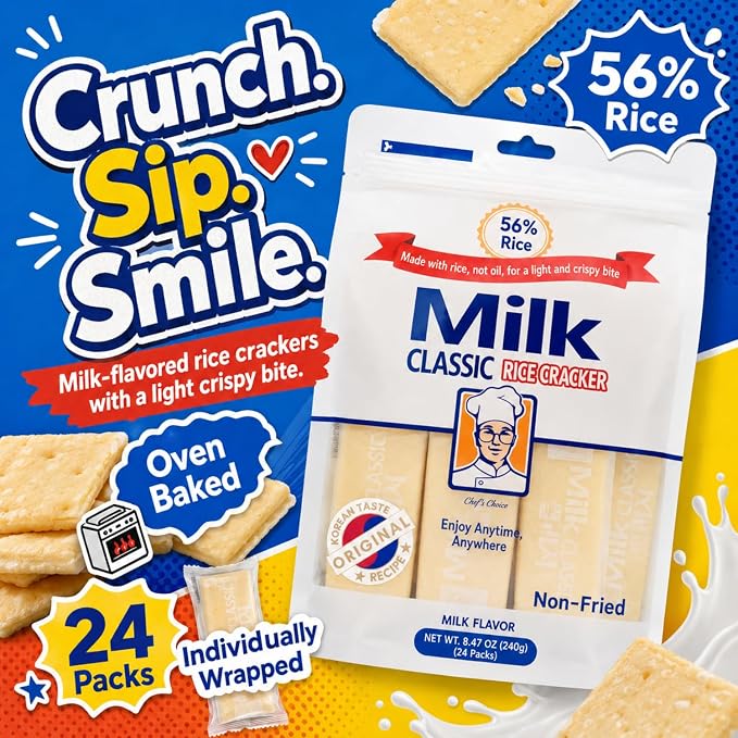 56% Milk Classic Korean Milk Rice Crackers, 33.84 oz 4 Pack | asian snack, oven baked, non fried, wrapped sticks, light crispy texture, tea coffee pairing, lunchbox pantry