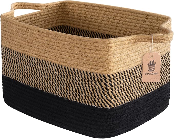 Goodpick Woven Storage Basket for Shelves, 13" x 10" x 9", Black & Jute | Stylish Gift Baskets Empty for Home Decor, Wicker Baskets for Dog Toys, Books & Towels Storage, Shelf & Closet Organization
