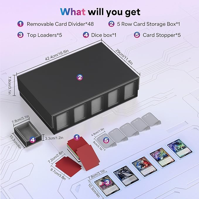 UAONO Trading Card Storage Box with Commander Display;3900+ Card Box for MTG, Removable Cover; 5 Row Case fits MTG TCG Sports Cards 48 Dividers,5 Stoppers,5 Top Loaders,1 Dice Box(Black, Grey)