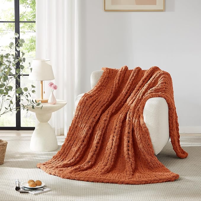 L'AGRATY Chunky Knit Throw Blanket for Couch, 80 x 90 Inches, Rusty Orange | Handmade Chenille Crochet Blanket for Sofa Bed, Thick Cable Knitted Blankets for Room Home Decor, Birthday Gift for Women Mom