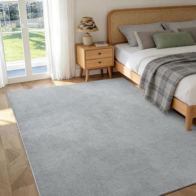 FinRèc 4x6 Washable Area Rugs for Bedroom Living Room, Low Pile Thin Rug Solid Color, Non-Slip Carpet Indoor for Home Decor (Pure Light Grey)