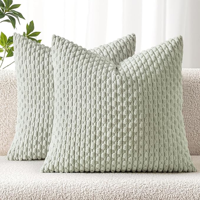 MIULEE Decorative Throw Pillow Covers 20x20 Light Green Textured Corduroy | Pack of 2 Striped Pillow Covers Modern Farmhouse Home Decor for Couch Bed Sofa Living Room