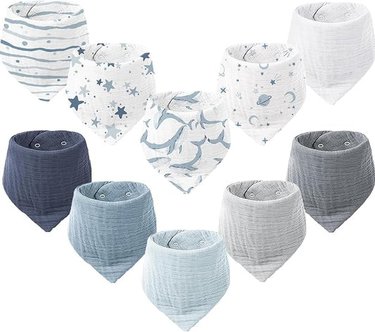 Konssy Muslin Baby Bibs 10 Pack Baby Bandana Drool Bibs 100% Cotton for Unisex Boys Girls