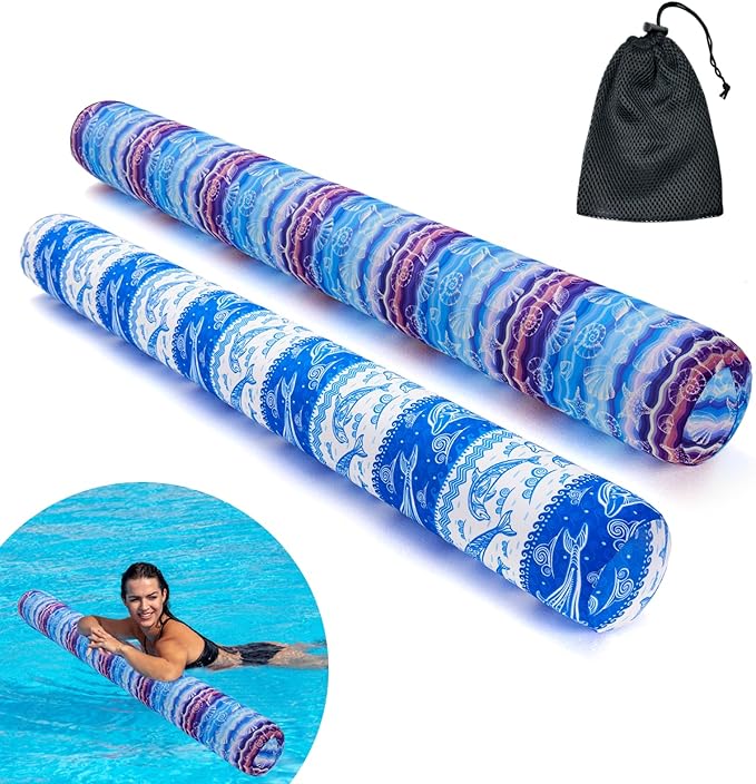 Inflatable Swimming Pool Noodle, 2 Pack Soft Fabric Quick Drying Covered Large Pool Floats Noodles, Premium Buoyancy Swim PoolFloats with Portable Storage Bag for Pool Party Toy