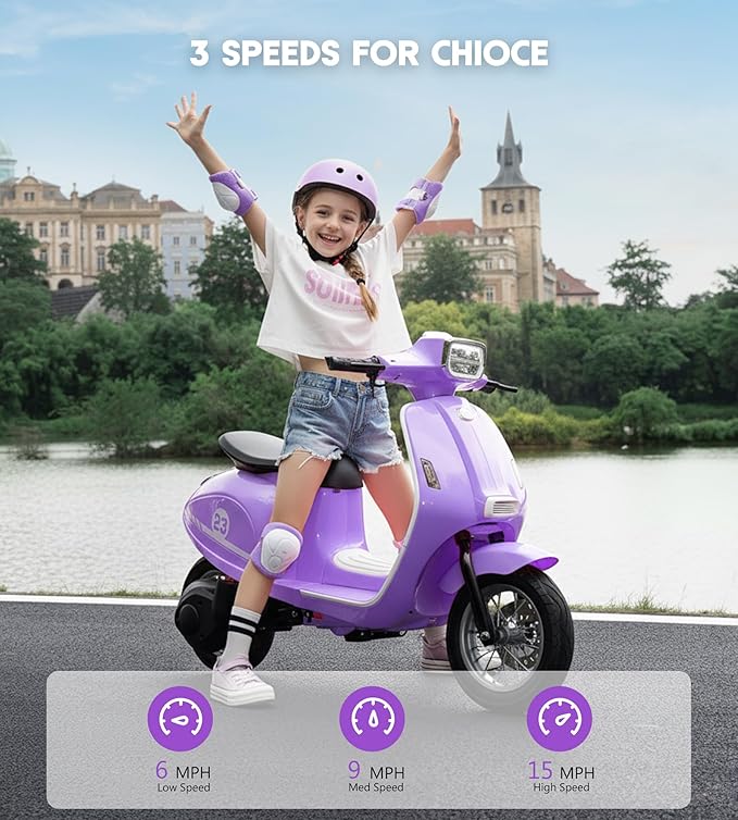 Kids Motorcycle, 2 Wheel Electric Motorcycle for Girls Ages 8-14, 24V Ride on Toys with Music, Story, Headlight, 3 Speed Options, Up to 60min Ride Time, for Riders up to 143 lbs, Easy Assemble, Purple