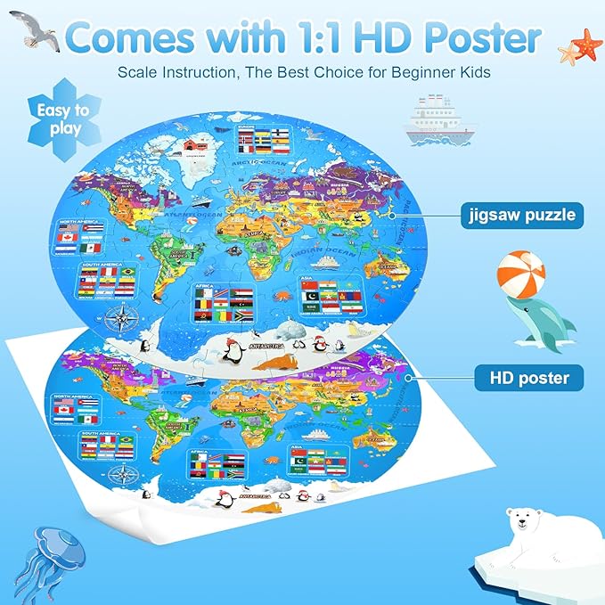 Glow in The Dark World Map Puzzles for Kids 4-6, 70 Pieces Large Globe Floor Puzzles for Kids Ages 6-8 Continents Geography Puzzle Educational Learning Toys for Children