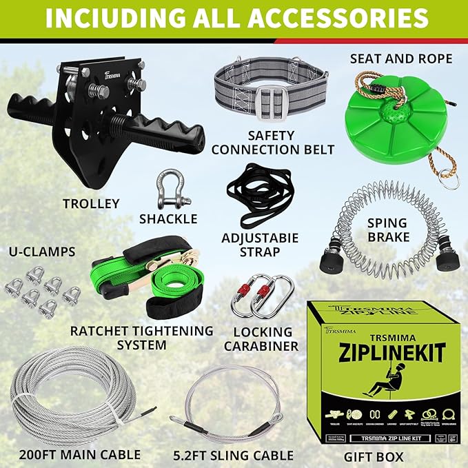 TRSMIMA Zipline Kit for Kids and Adult 200ft Zipline with Spring Brake Safety Harness Zip line Trolley Ratchet Tighten System Support 330 lbs