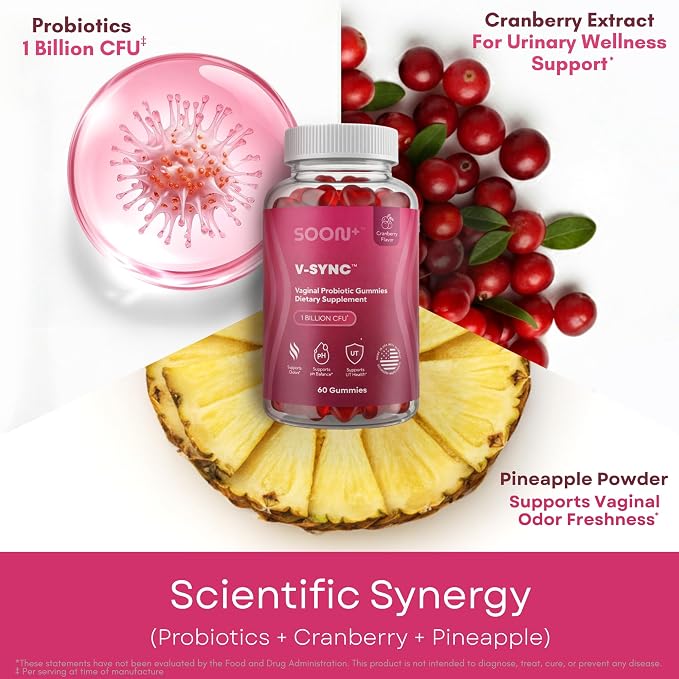 SOON+ Feminine Balance Gummies for Women, V-Sync Pineapple Probiotics for pH Balance Support * Vaginal, Urinary, Immune, Digestive Wellness * with Bacillus Coagulans, Cranberry, Vitamin C, 60 Gummies