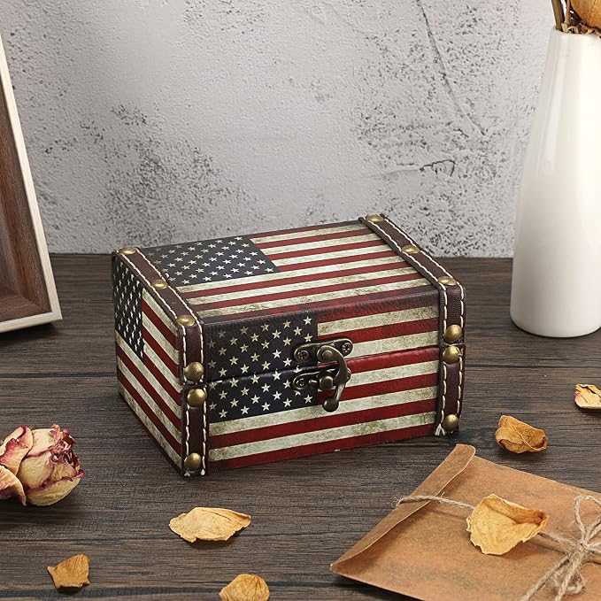 Hipiwe American Flag Treasure Chest Box Wooden + PU Leather Jewelry Boxes | Vintage Decorative Jewelry Trinket Box Memento Box Small Keepsake Boxes Gifts