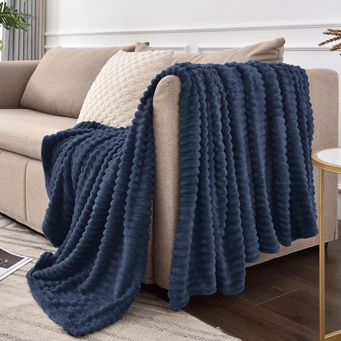 BEDELITE 3D Ribbed Jacquard Navy Blue Full Size Blankes for Bed, 84x90 Inch | Soft Warm Decorative Fluffy Blanket, Cozy Fuzzy Lightweight Plush Fleece Throw Blankets for Bed, Room Decor, Gift for Women