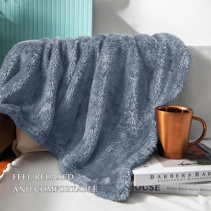Exclusivo Mezcla Fuzzy Plush Fleece Bed Blanket King Size, Stone Blue | 104x90 Inches, Super Soft and Cozy Bed Blanket, Fluffy Decorative Bedding for Livingroom, Bedroom, All Season