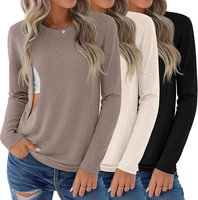3 Pack Nursing Tops for Breastfeeding Maternity Shirts Zipper Long Sleeve Round Neck Knit Casual Nursing Clothes