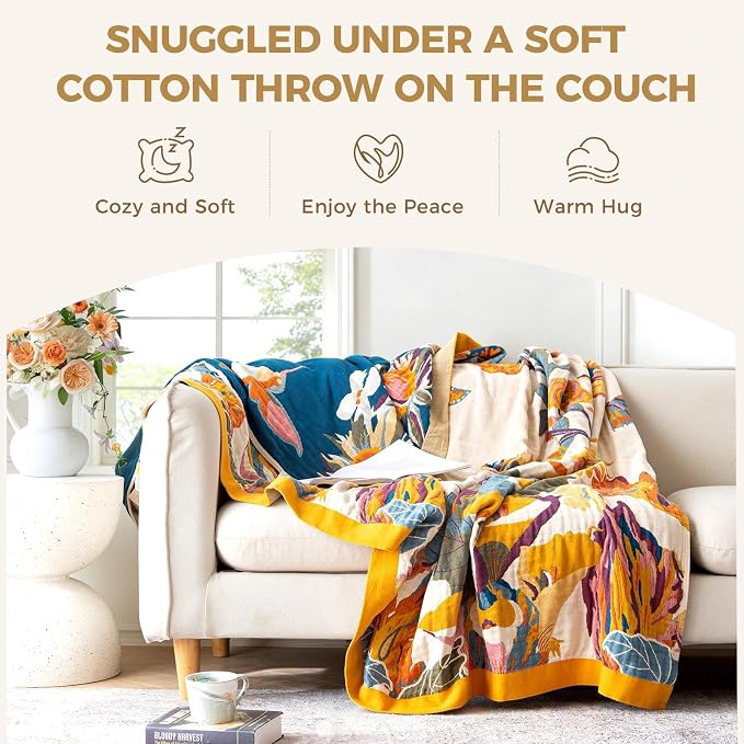 LUTBM Boho Throw Blanket for Bed 60"x80", 100% Cotton Couch Summer Blankets | Reversible Floral Butterfly Jacquard, All-Season Quilt, For Chair Sofa Living Room, Lightweight Breathable Gauze, Boho Decor