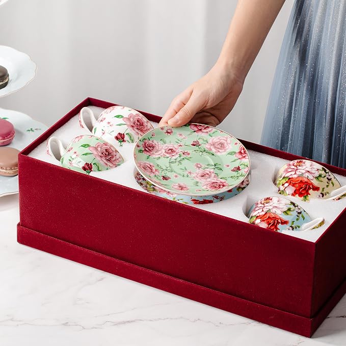 BTaT- Floral Tea Cups and Saucers Set of 4 (8 oz), Porcelain Tea Cup Sets with Gold Trim & Gift Box, Dishwasher & Freezer Safe