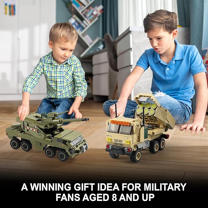 Military Vehicles Building Sets Compatible with Lego, Includes 2 Army Armored Trucks Toy Models - HIMARS Rocket Launcher & Dana M2 Howitzer, STEM Army Toys for Boys, Kids, and Teens Ages 8-14