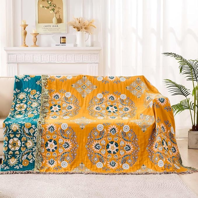 XIBLC Boho Throw Blanket, 100% Cotton Ultra Soft Luxury Throw Rustic Quilt, Floral Printed Farmhouse Decor Bed Summer Blankets, All Season Rustic Reversible Bohemian Throw for Bed (90"x98" Yellow