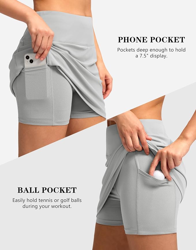 Women's Golf Skirts Skort 4 Side Pockets High Waisted Stretchy Tennis Skirt | Silky Soft, Lightweight, Breathable, Built-in Mesh Shorts, High Waisted, Elastic waistband, Moisture-Wicking, Athletic