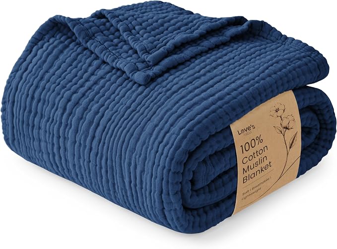 Love's cabin 100% Cotton Muslin Blanket, 6 Layer Lightweight Breathable Gauze Throw Blanket 50 x 60 Inches, Soft All Season Blanket for Couch, Bed, Sofa, Dark Blue
