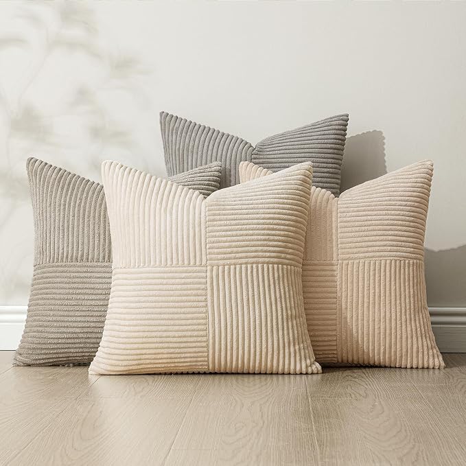 MIULEE Neutral Decorative Throw Pillow Covers 16x16 Inch Set of 4 for Livingroom Couch Sofa Modern Farmhouse Soft Corduroy Cushion Cases Striped Patchwork Home Decor (Cream,Grey)