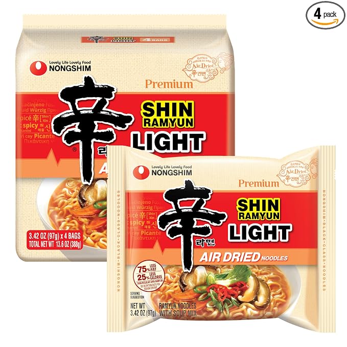 Nongshim Shin Ramyun Light, Air-Dried Korean Ramen Noodles, 4 Pack | Air-dried instant ramen with spicy beef broth, roasted vegetable notes, large vegetable flakes