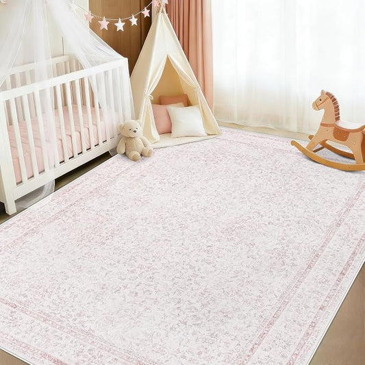 6x9 Area Rugs for Living Room: Washable Vintage Floral Rug Low Pile Non-Slip Boho Carpet for Nursery Bedroom Dining Room (Pink, 6'x9')