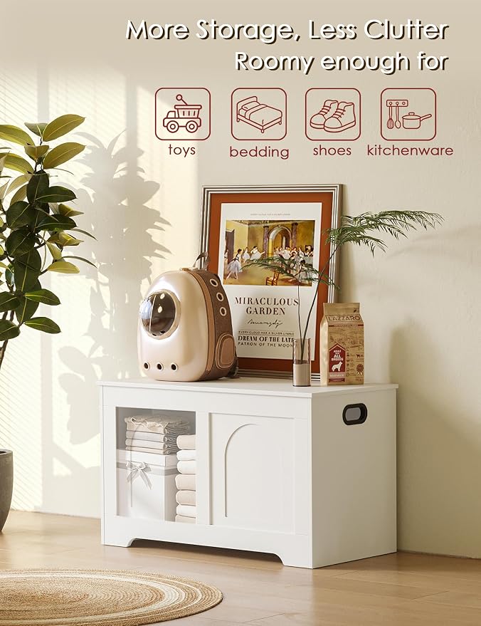 Storage Chest, Wooden Toy Box, White 31.5" L | Entryway Shoe Bench, 2 Soft-close Hinges, Finger-safe Flip-Top Lid, Easy Assembly, Farmhouse Large Trunk, Living Room/Bedroom