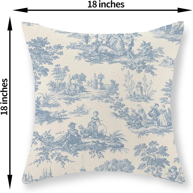 French Country Pillow Covers 18x18 Set of 2 Vintage Baby Blue Toile Throw Pillows Outdoor French Country Decorative Pillowcase Rustic Cottage Farmhouse Cushion Case for Couch Living Room Decor