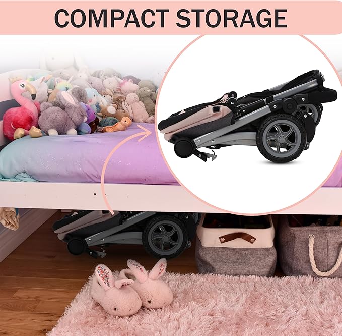 Dolls To Play Baby Doll Convertible Pram Stroller for Kids, Adjustable Handle Foldable Buggy Carriage with Canopy and Storage Basket Heavy Duty Premium Quality Rotating Wheels - 25 Inch