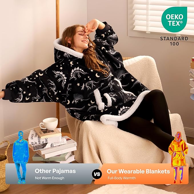 Giggling Getup Wearable Blanket Hoodie for Adults Gifts for Teen Girls Sister Women Sherpa Fleece Printed Hooded Blanket Sweatshirt Warm Cozy with Pocket & Sleeves Black Glowing Dinosaur