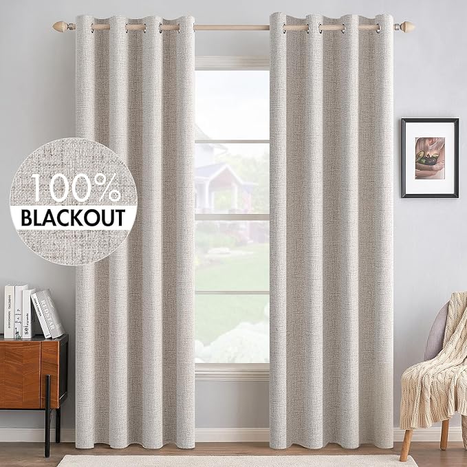 MIULEE 100% Blackout Polyester Textured Curtains for Bedroom Solid Thermal Insulated Ivory Grommet Room Darkening Curtains & Drapes Luxury Decor for Living Room 52 x 90 Inch (2 Panels)