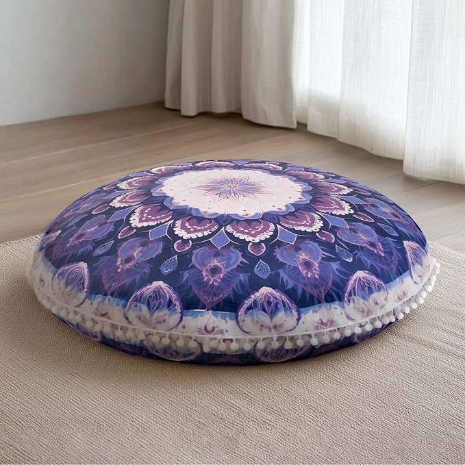Meditation Cushion 32 Inch Round, Large Floor Pillow Seating for Adults, Bohemian Mandala Yoga Cushion, Extra Thick Memory Foam Removable Washable Cover, Ideal Gift & Holiday Decor, Purple