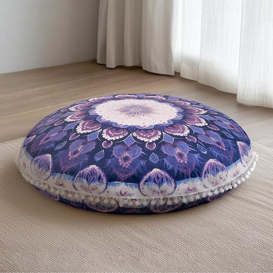 Meditation Cushion 32 Inch Round, Large Floor Pillow Seating for Adults, Bohemian Mandala Yoga Cushion, Extra Thick Memory Foam Removable Washable Cover, Ideal Gift & Holiday Decor, Purple
