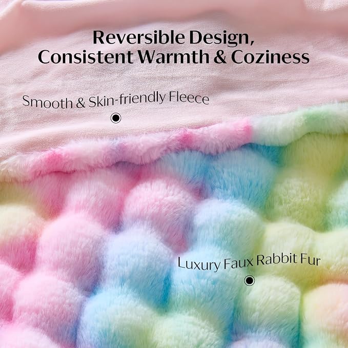 DOWNCOOL Faux Fur Throw Blanket for Couch, Ultra Soft Fluffy Fuzzy Plush Bubble Blanket for Sofa Bedroom Living Room, Cozy Warm Luxury Fleece Minky Blanket, 50x60 Inches Rainbow