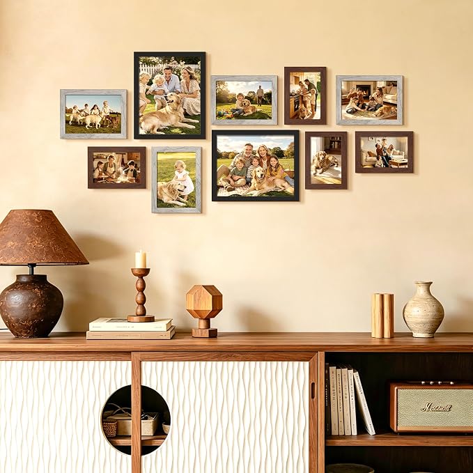 upsimples 10 Pack Picture Frames Collage Wall Decor for Mounting or Tabletop Display, Photo Gallery Frame Set for Family, Multi Sizes Including 8x10, 5x7, 4x6, Black Gray Brown | Black Brown Gray Multi Picture Frames Collage Wall Decor , Gallery Wall F...