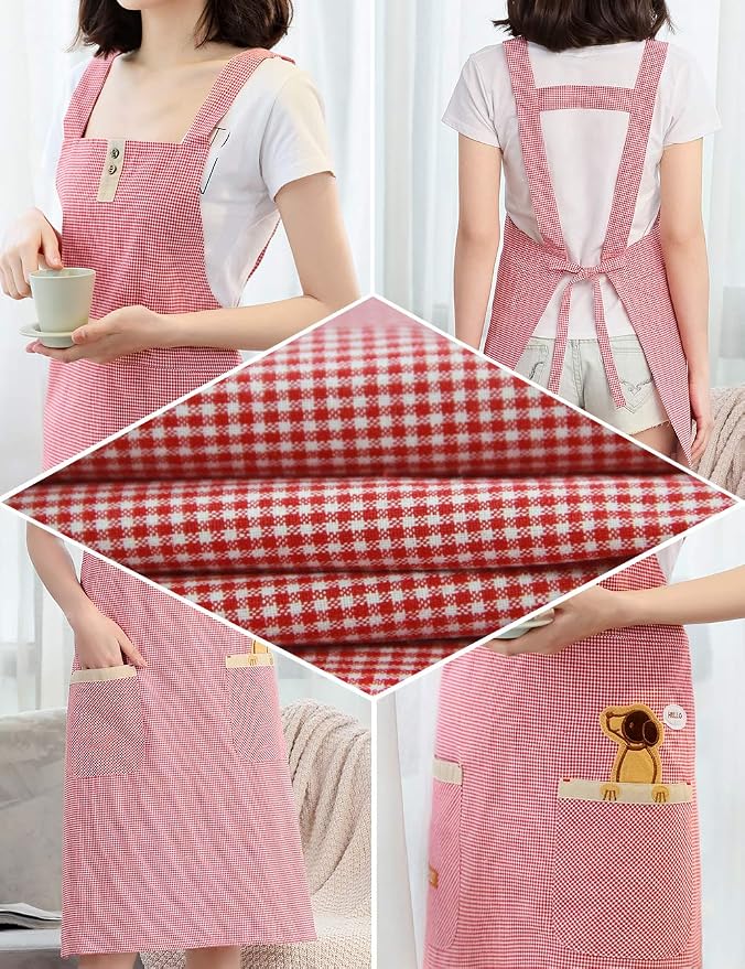 NEWGEM 100% Cotton Cute Gingham Apron with Pockets - Korean Style H-Back Pinafore for Women Baking, Pastry Chef (Pink Doggy)