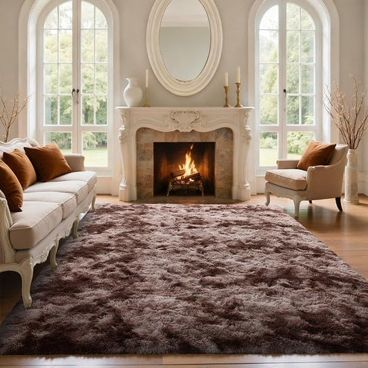 5x7 Brown Rugs for Living Room Fluffy Fur Bedroom Area Rug,Rustic Plush Non-Slip Dark Carpet for Book Room Office,Coffee Stain Resistant