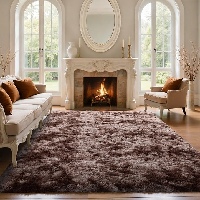 Brown Rugs for Bedroom 4x6 Fluffy Fur Living Room Area Rug, Rustic Plush Non-Slip Dark Carpet for Book Room Office,Coffee Stain Resistant