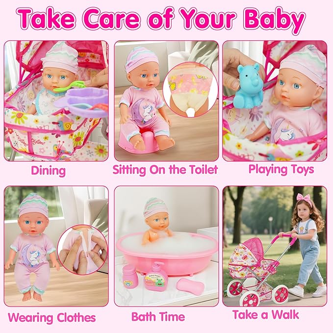Baby Doll Stroller Set Toys for Girls Toddlers 3-5 4-6 5-7, Baby Doll Playset with 12.5 inch Doll, Bathtub and 20PCS Baby Doll Accessories, Baby Stroller Toys for 3 4 5 6 Year Old Girls Birthday Gift