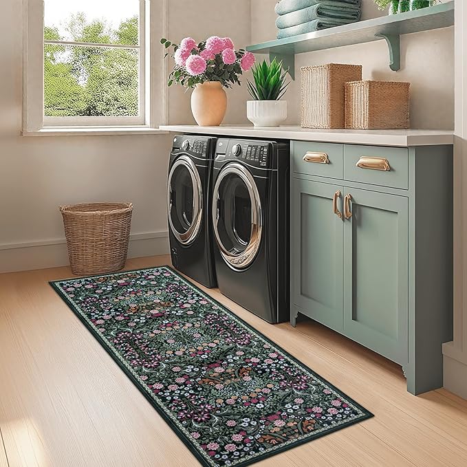 Runner Rug for Entryway: 2x5 Kitchen Rugs Non Slip Washable Ultra-Thin Soft Floral Carpet Indoor Floor Stain Resistant Carpets for Hallway Bedroom Kitchen Laundry Bathroom Dorm Dark Green